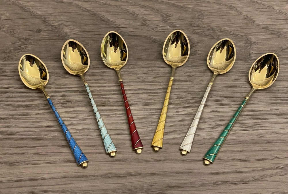 Set of Six Danish Silver Gilt Enamel Demitasse Spoons