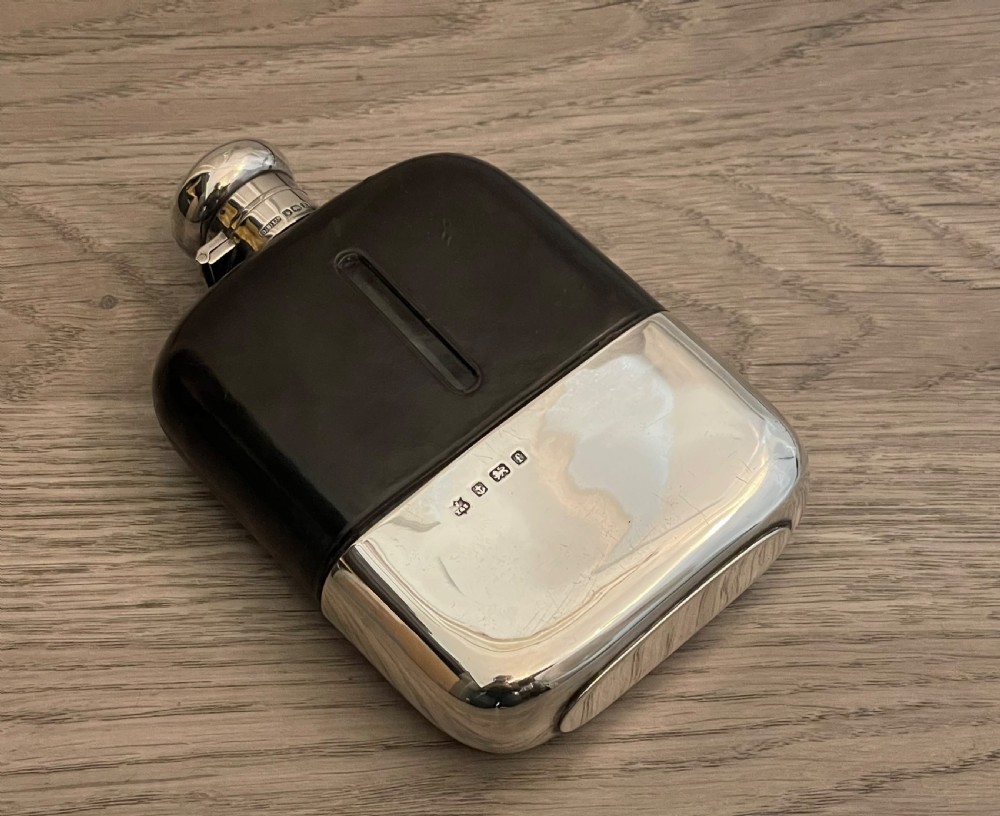 Quality Edwardian Solid Silver and Leather Hip Flask