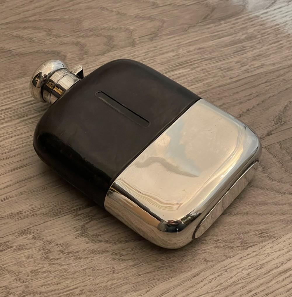 Quality Edwardian Solid Silver and Leather Hip Flask View III