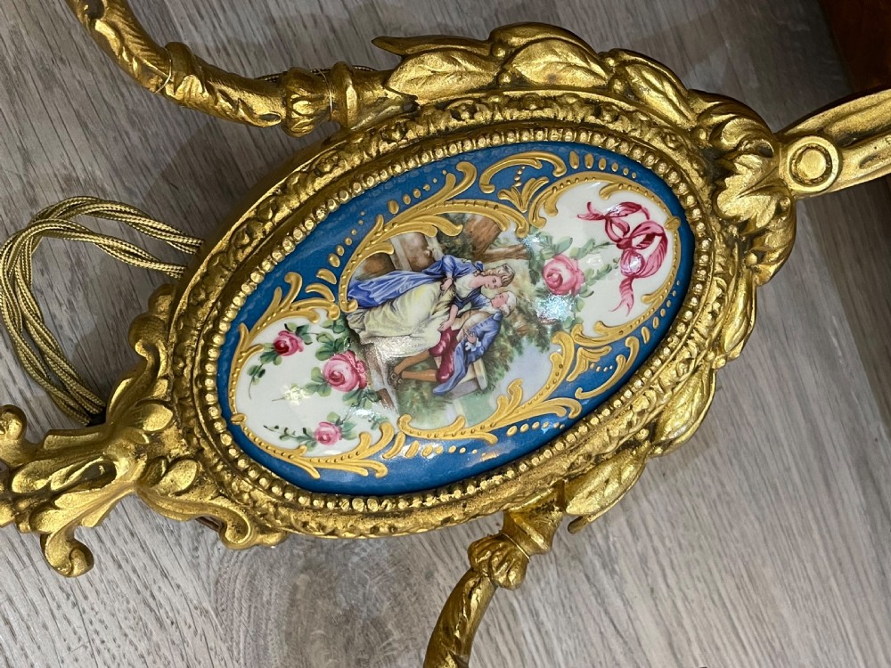 Beautiful Pair of French Ormolu and Porcelain Wall Lights Sconces View II