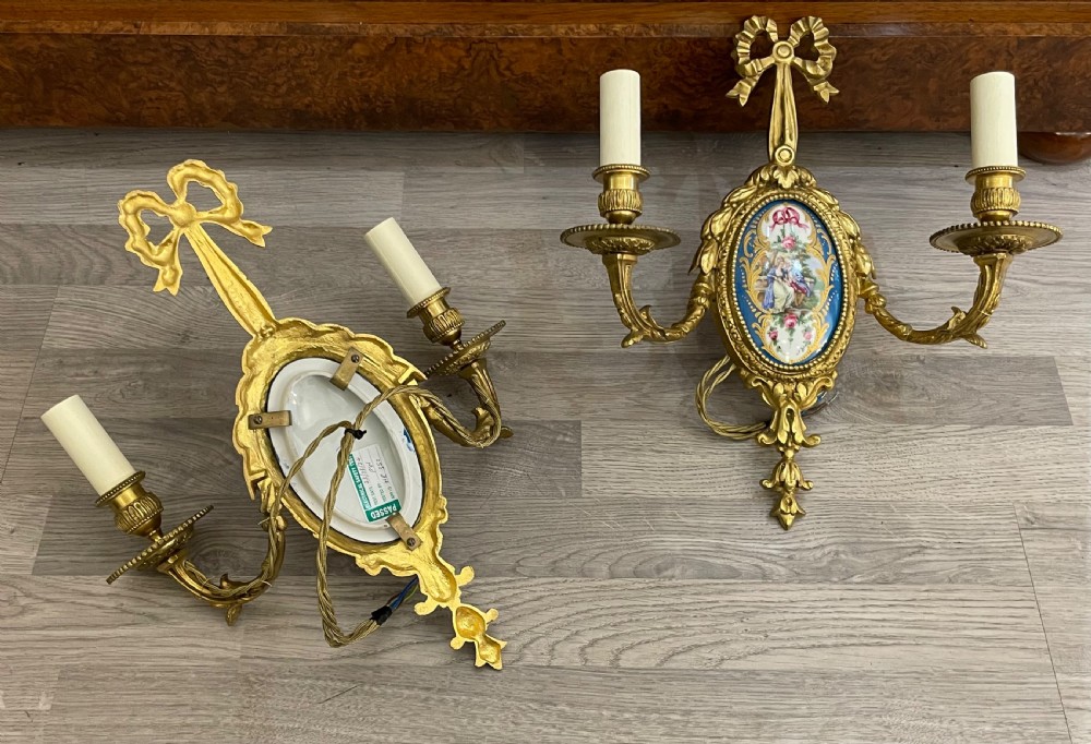Beautiful Pair of French Ormolu and Porcelain Wall Lights Sconces View V