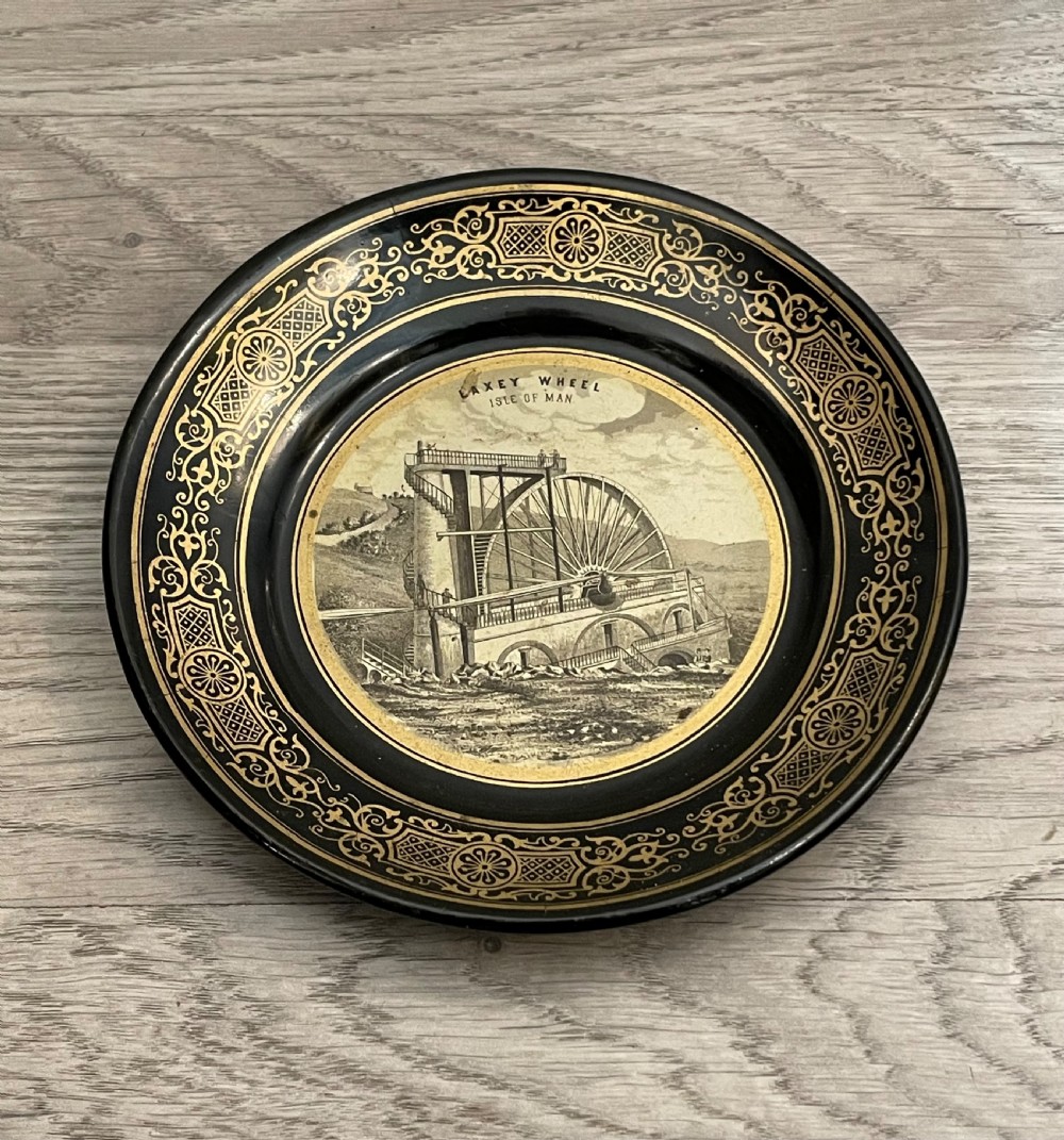 Mid Victorian Paper-mache Souvenir Plate, Laxey Wheel, Isle of Man