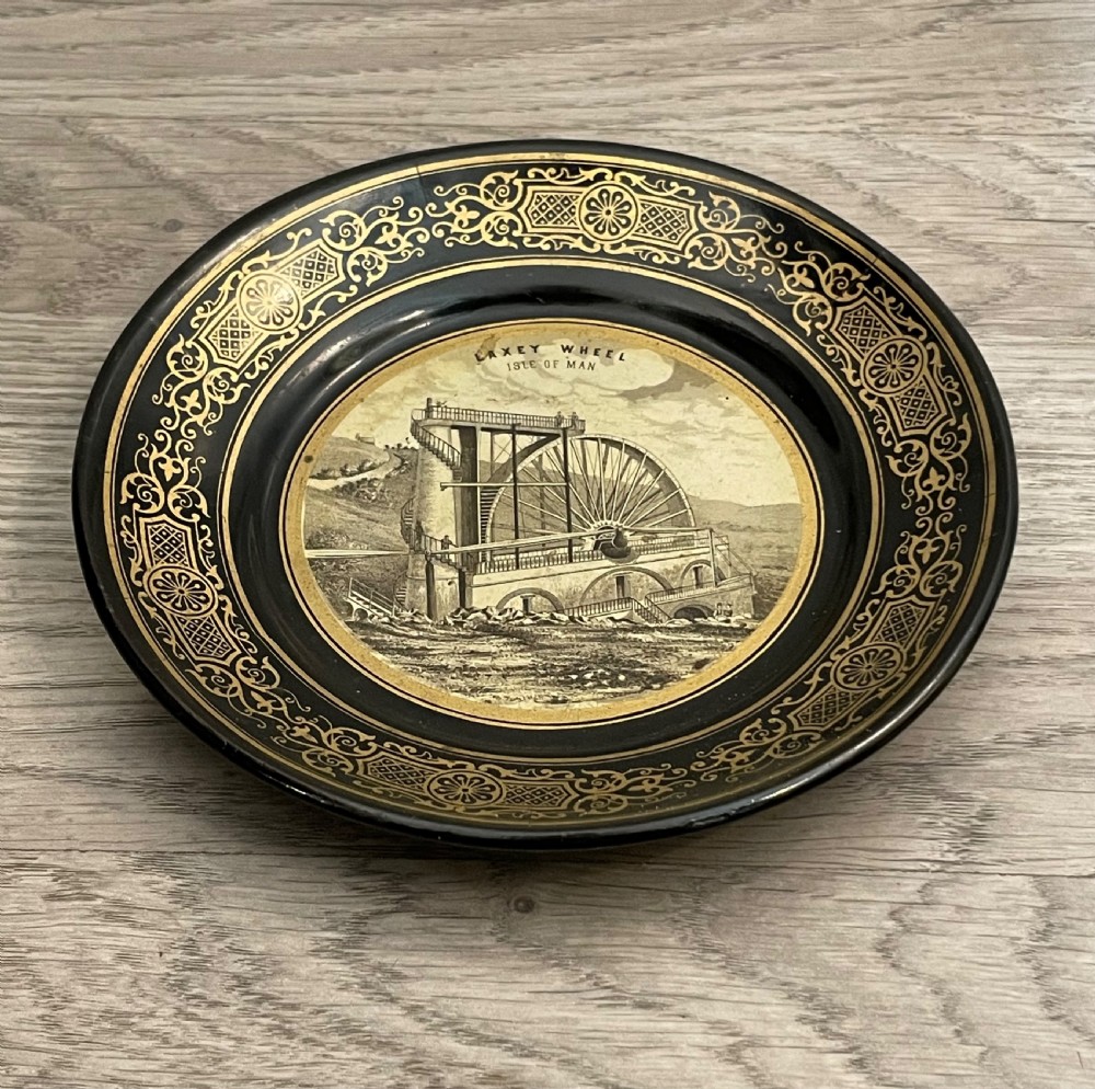 Mid Victorian Paper-mache Souvenir Plate, Laxey Wheel, Isle of Man View II