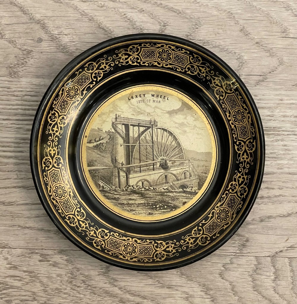 Mid Victorian Paper-mache Souvenir Plate, Laxey Wheel, Isle of Man View III