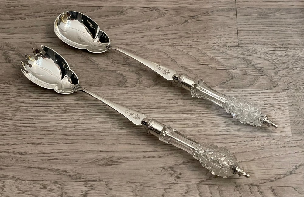 Beautiful Pair of Victorian Silver and Cut Glass Salad Servers