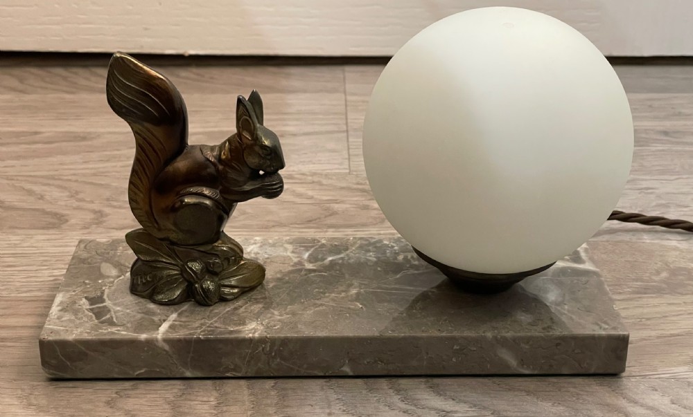 Art Deco Spelter Mood Lamp, Squirrel signed Tedo