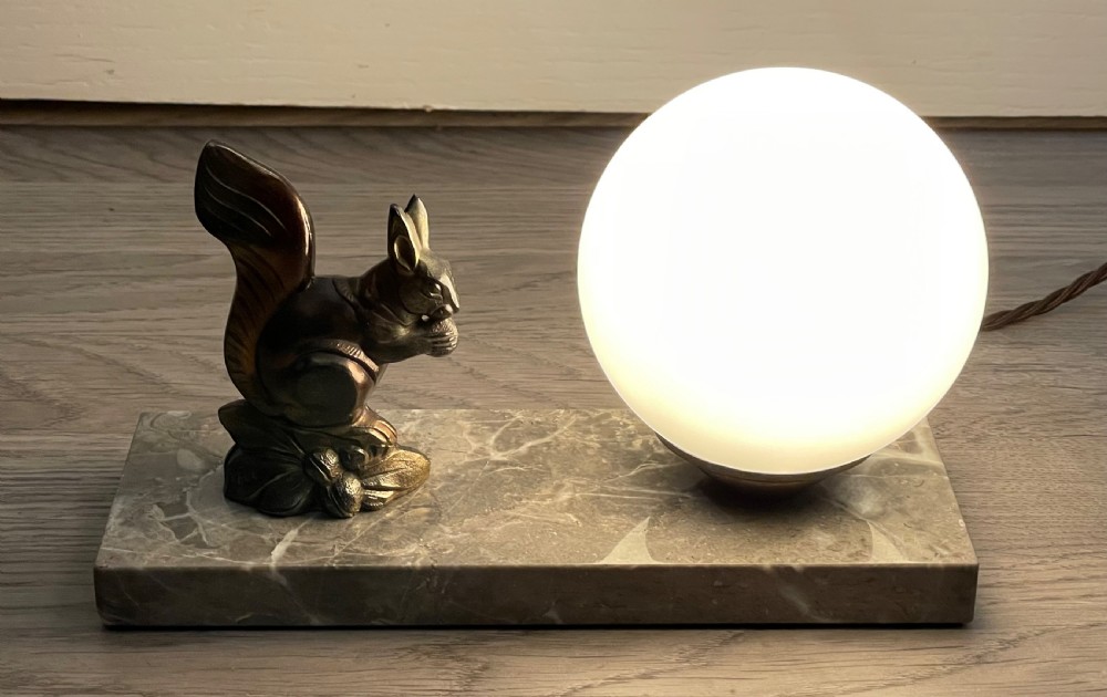 Art Deco Spelter Mood Lamp, Squirrel signed Tedo View V