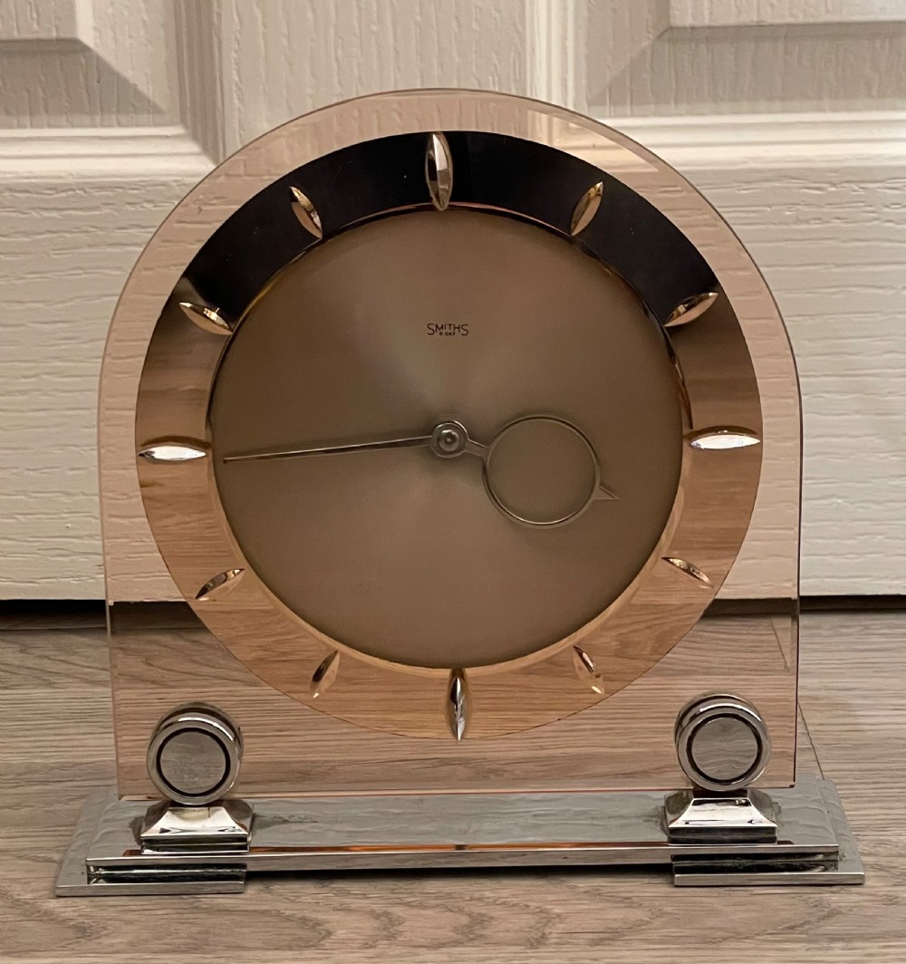 Art Deco Pink Rose Glass and Chrome Mantle Clock by Smiths