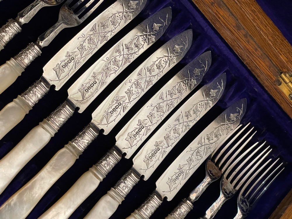 Cased Set of Six Victorian Silver Dessert Knives and Forks  View III