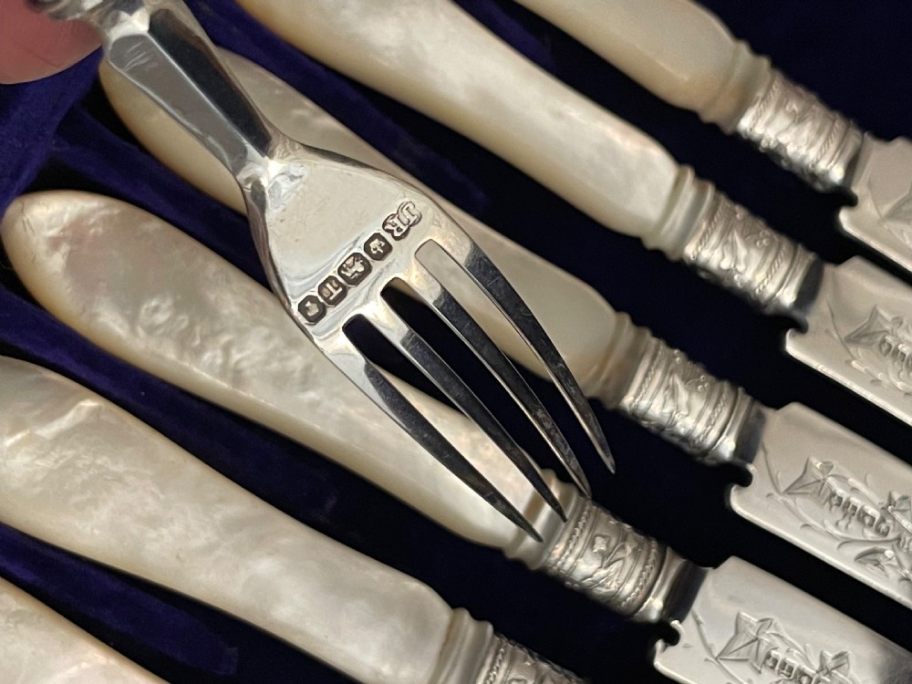 Cased Set of Six Victorian Silver Dessert Knives and Forks  View V