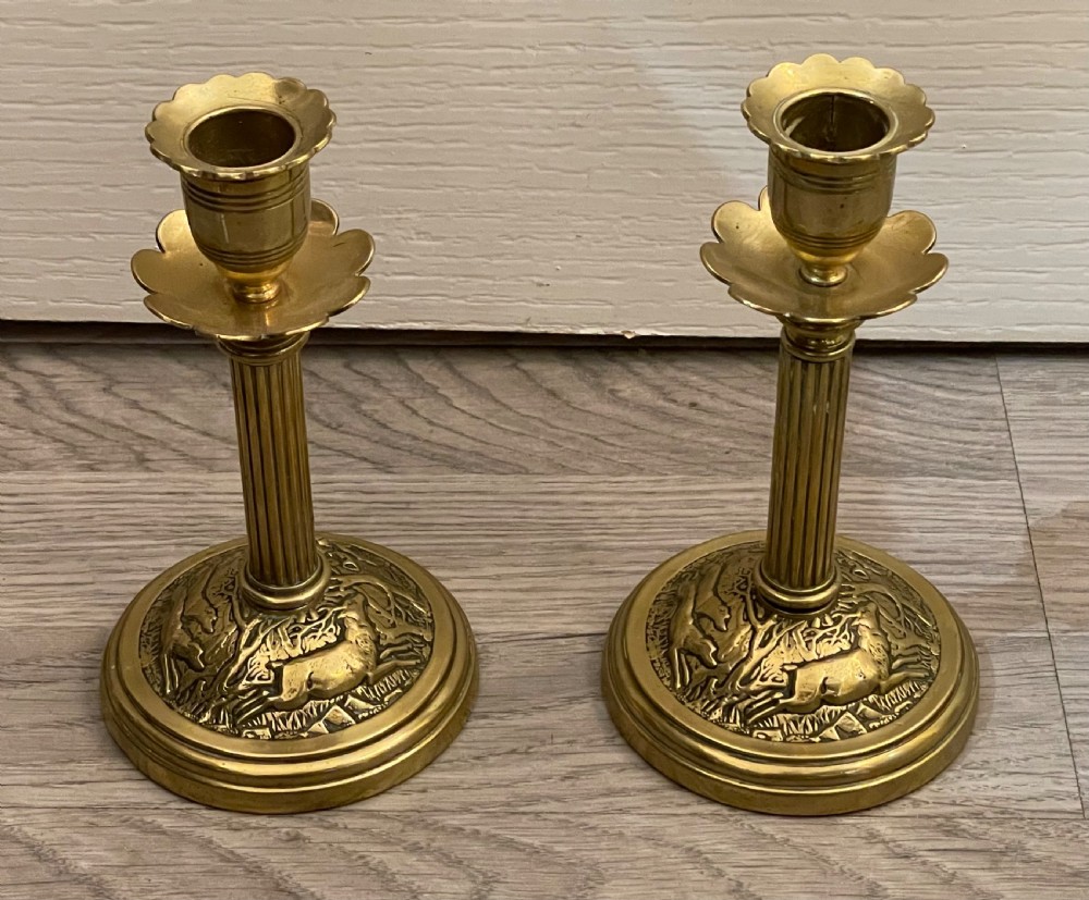 Stylish Pair of Victorian brass Candlesticks, Hunting Scenes