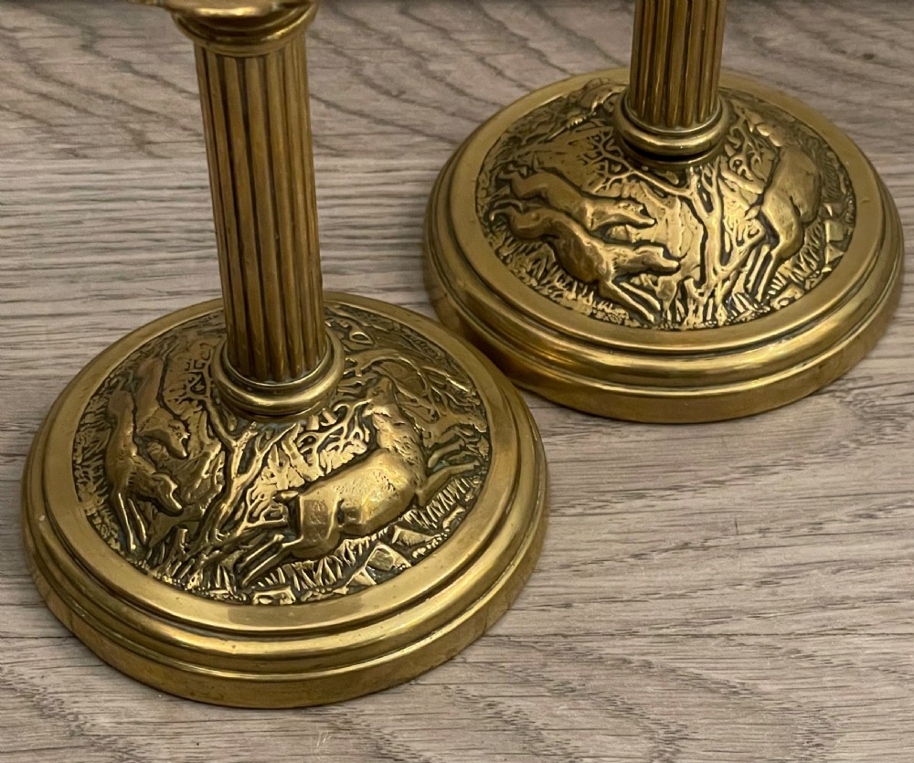 Stylish Pair of Victorian brass Candlesticks, Hunting Scenes View II