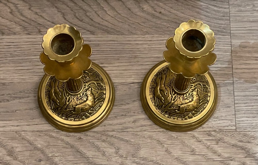 Stylish Pair of Victorian brass Candlesticks, Hunting Scenes View III