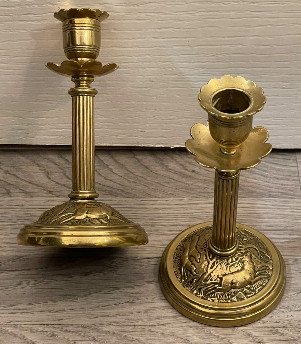 Stylish Pair of Victorian brass Candlesticks, Hunting Scenes View IV