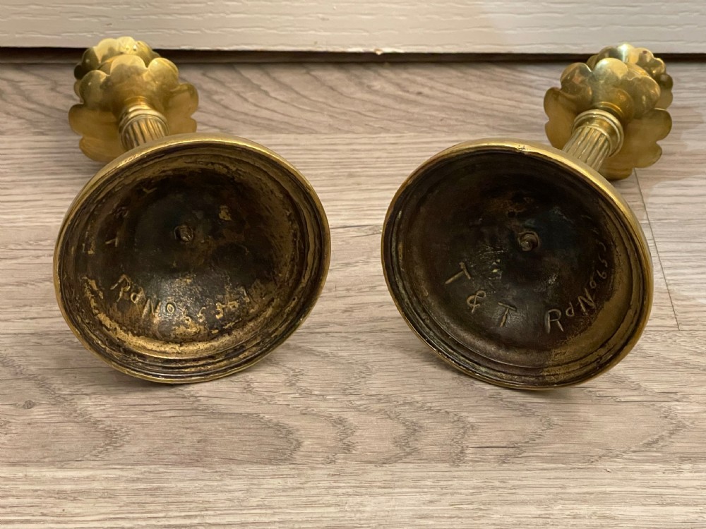 Stylish Pair of Victorian brass Candlesticks, Hunting Scenes View V
