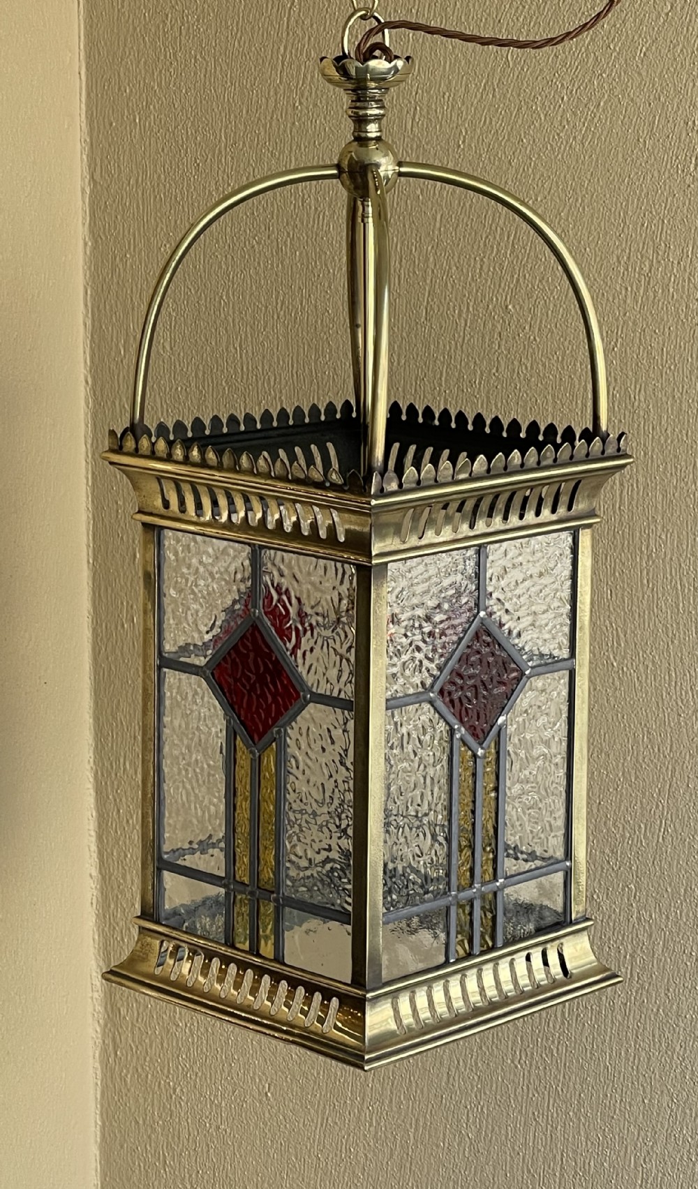 Edwardian Period Brass Hall Lantern with Stained Glass