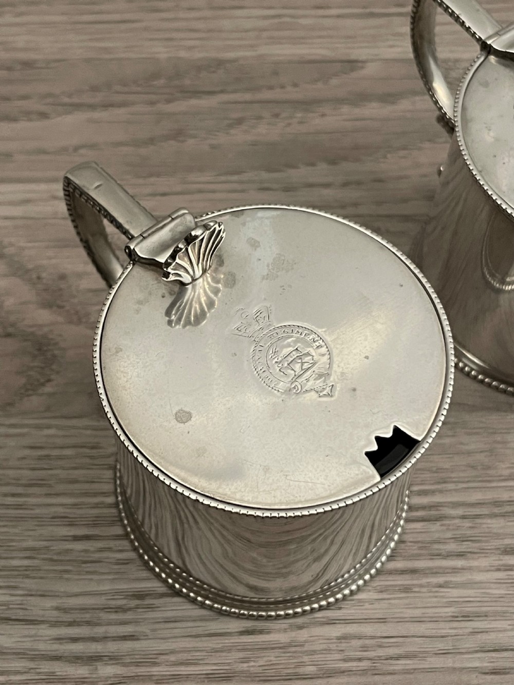 Good Set of Four Victorian Silver Drum Mustard Pots, Military Presentation View III