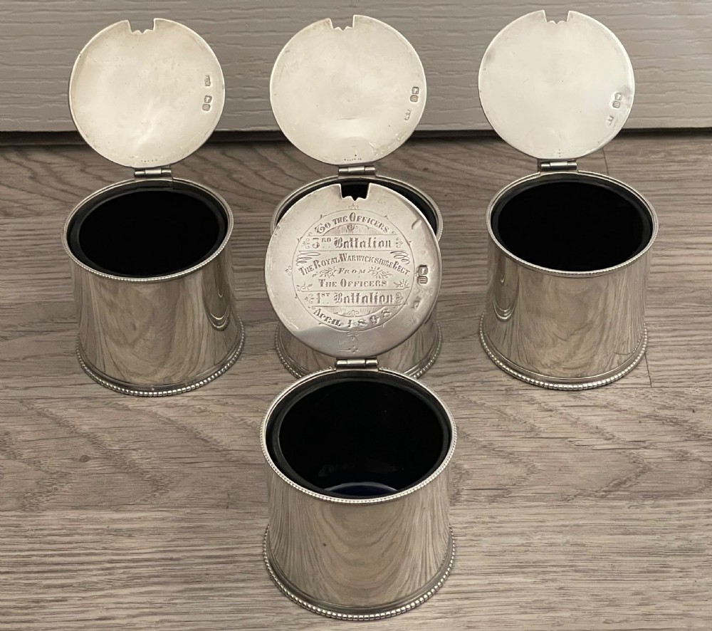 Good Set of Four Victorian Silver Drum Mustard Pots, Military Presentation View VIII