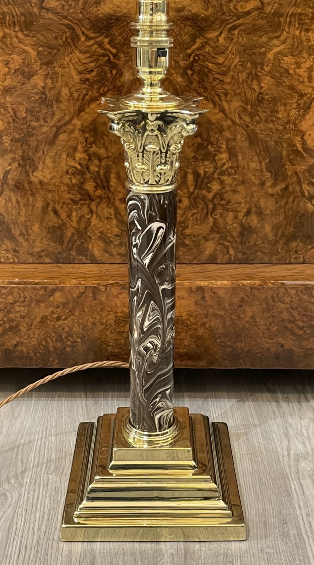 Edwardian Brass and Faux Marble Corinthian Table Lamp