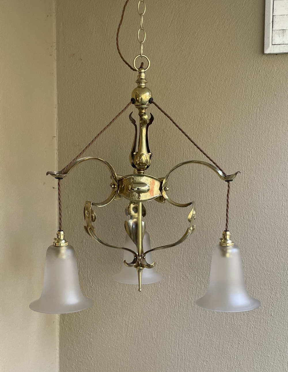 Arts & Crafts Three Arm Brass Chandelier, Registered Design
