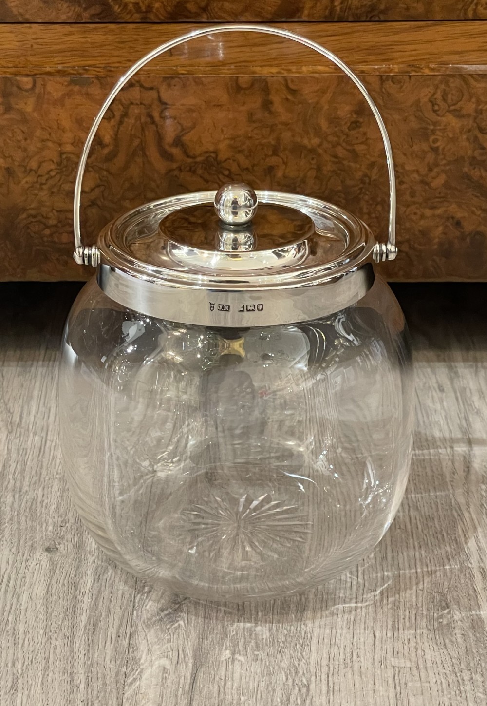Edwardian Solid Silver and Glass Biscuit Barrel View II