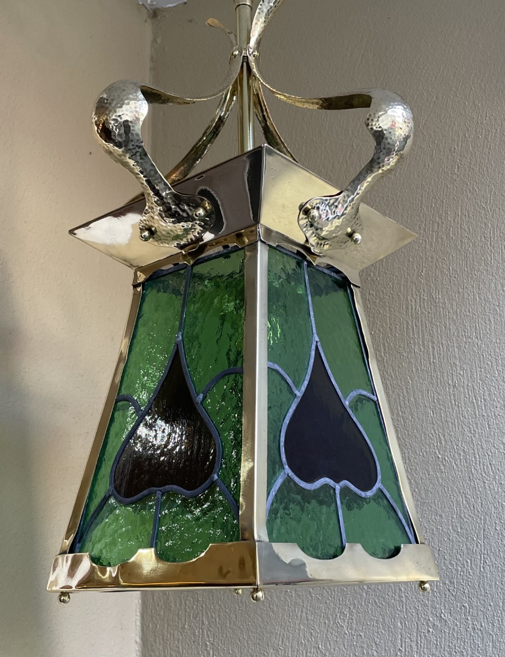 Arts & Crafts Brass Hall Hanging Lantern  View II