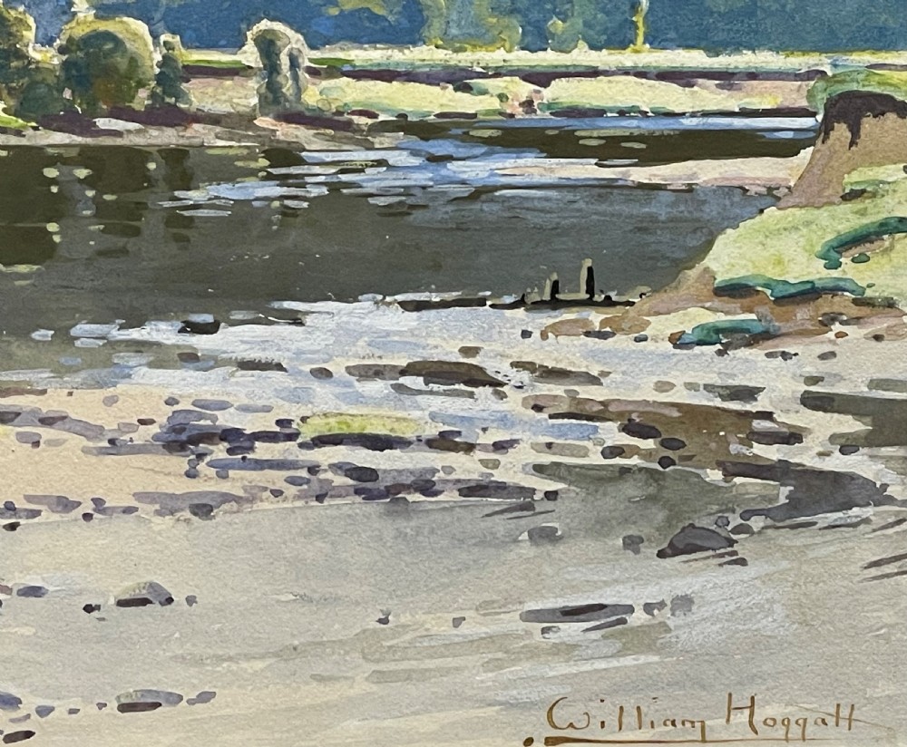 A framed watercolour painting depicting a river and rolling green hills under a cloudy sky, housed in a cream mount and metallic gold frame. View III