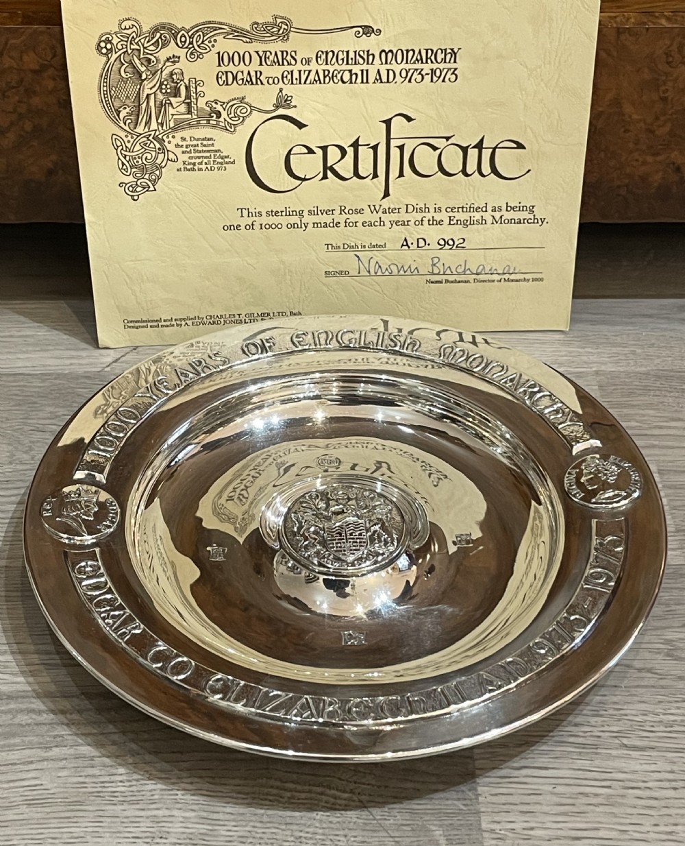 Silver Rose Water Dish Celebrating 1000 Years of English Monarchy View II