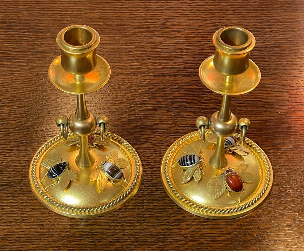Pair of Victorian Candlesticks with Agate Bees by G B & Sons