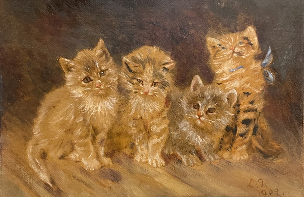 Delightful Edwardian Oil Painting of Kittens