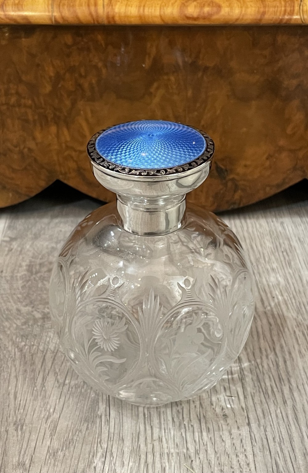 George V Silver & Blue Guilloche Enamel Scent Perfume Bottle 1924