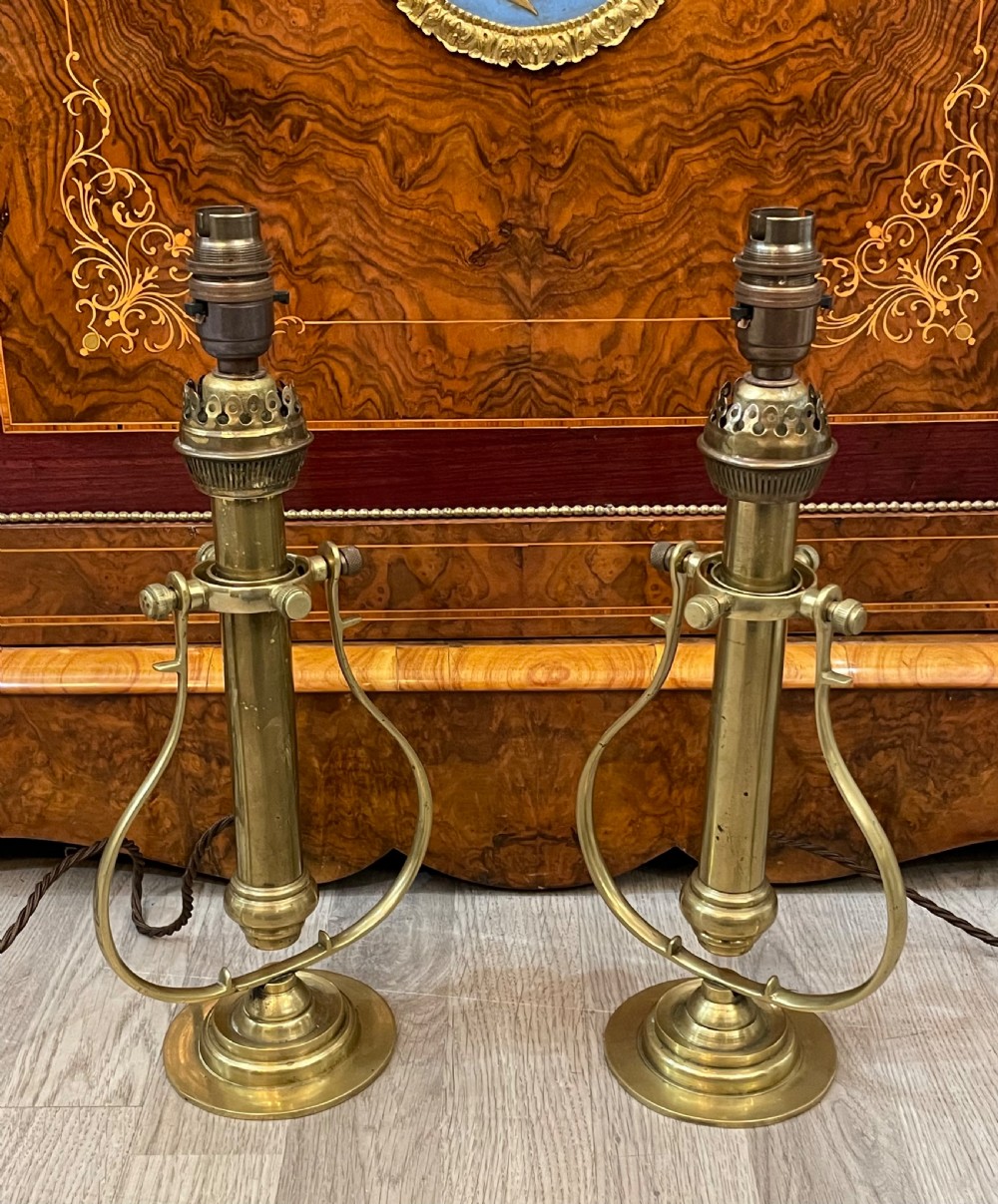 Pair Victorian Brass Ship Gimbal Lamps
