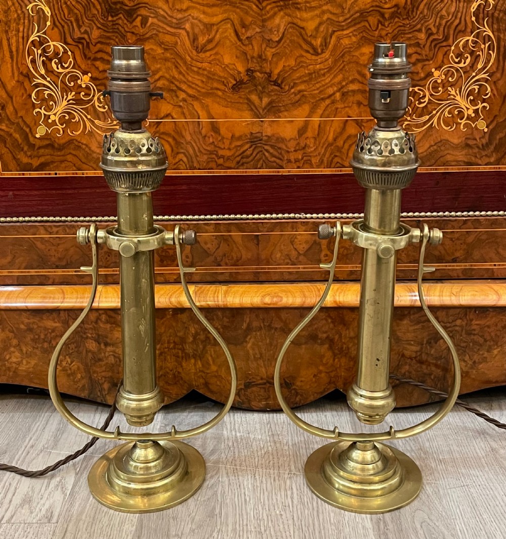 Pair Victorian Brass Ship Gimbal Lamps View II