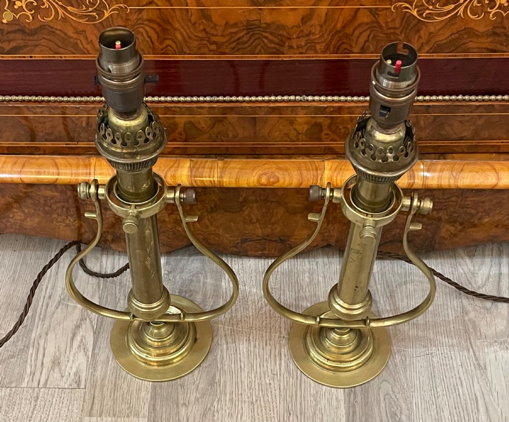 Pair Victorian Brass Ship Gimbal Lamps View V