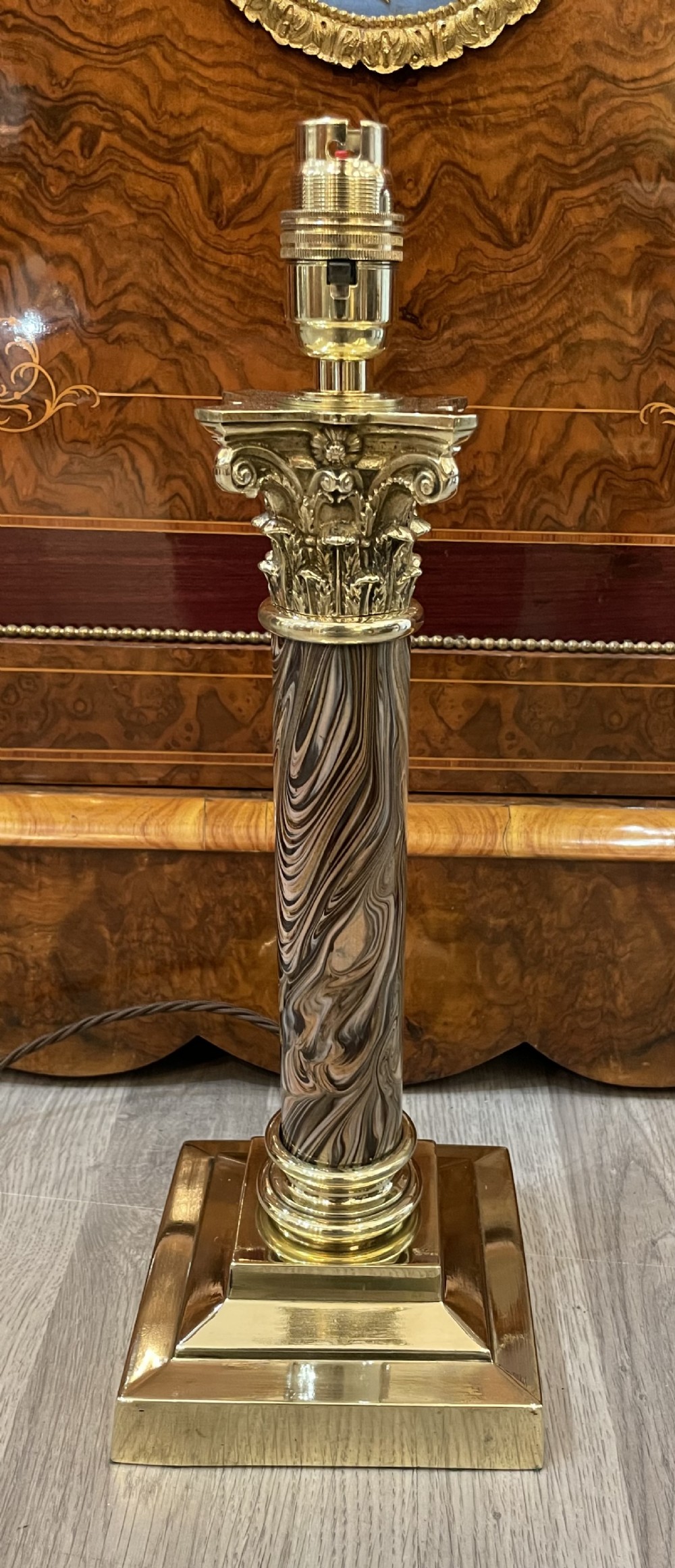 Edwardian Brass and Ceramic Marble Table Lamp 