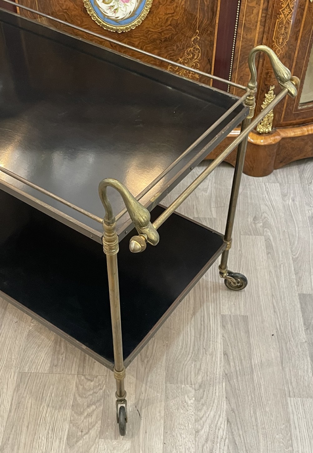 Stylish 1920s Brass and Oak Etagere Drinks Trolley View IV