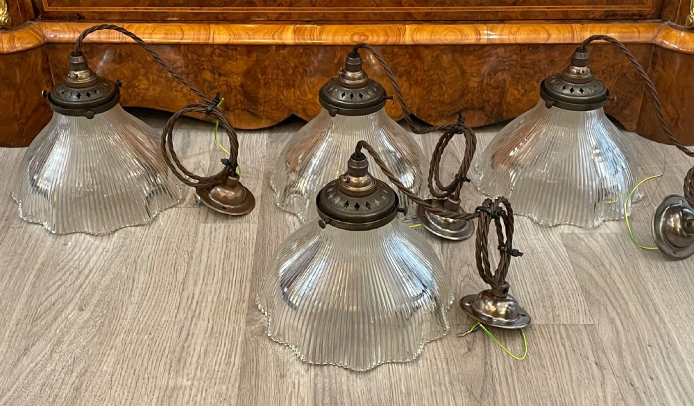 Good Set of Four Holophane Pendants