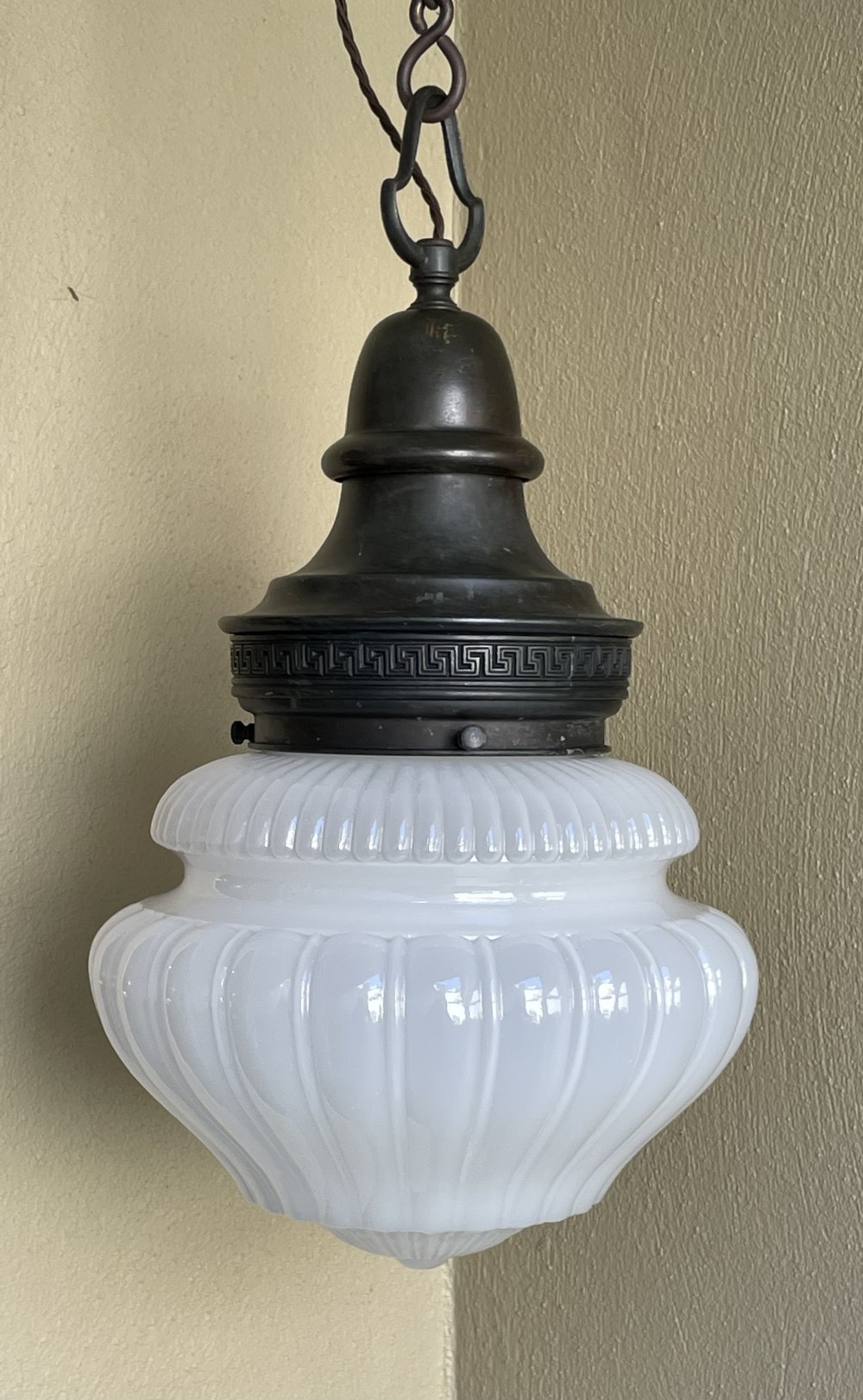 Impressive Large Edwardian Vaseline Glass Pendant Ceiling Light