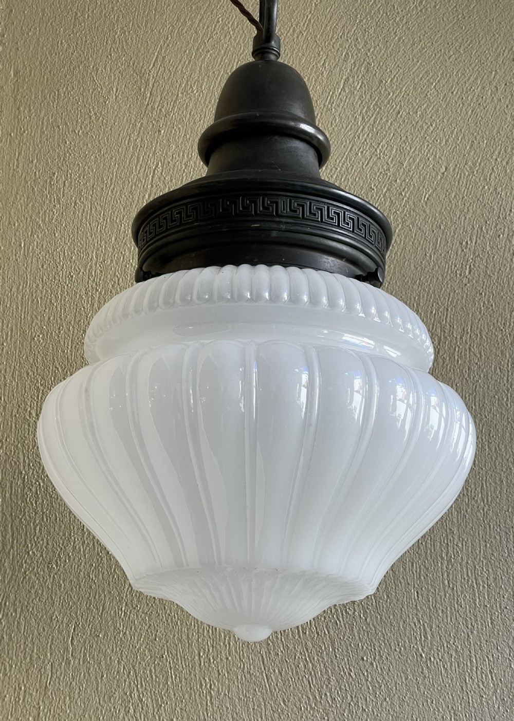 Impressive Large Edwardian Vaseline Glass Pendant Ceiling Light View III