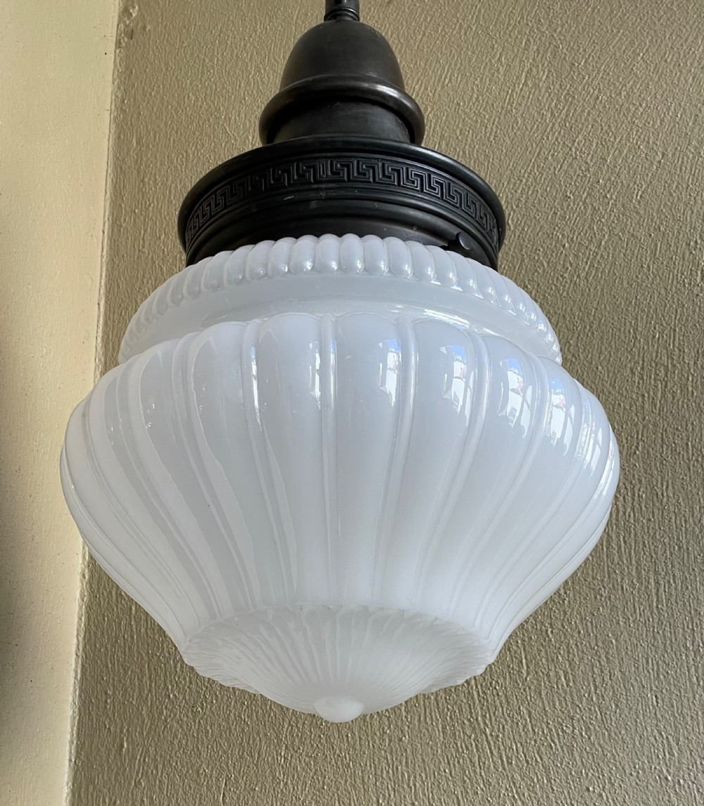 Impressive Large Edwardian Vaseline Glass Pendant Ceiling Light View VI
