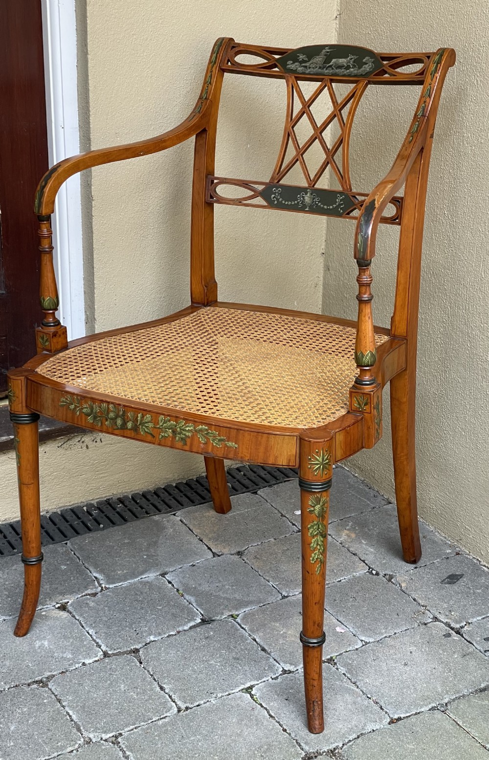Late Victorian Sheraton Revival Satinwood Painted Armchair