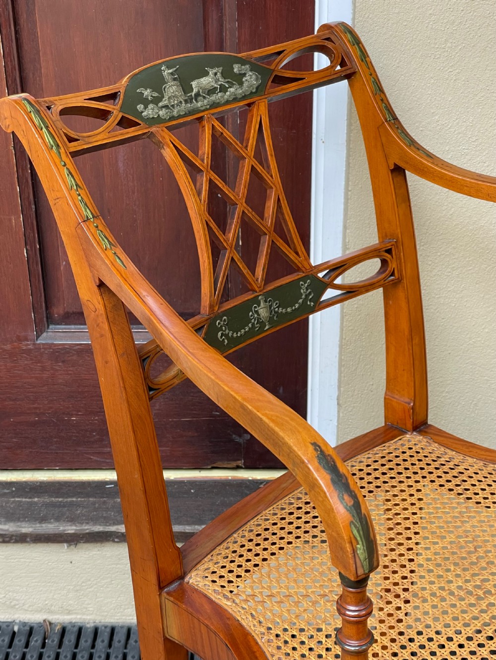 Late Victorian Sheraton Revival Satinwood Painted Armchair View III