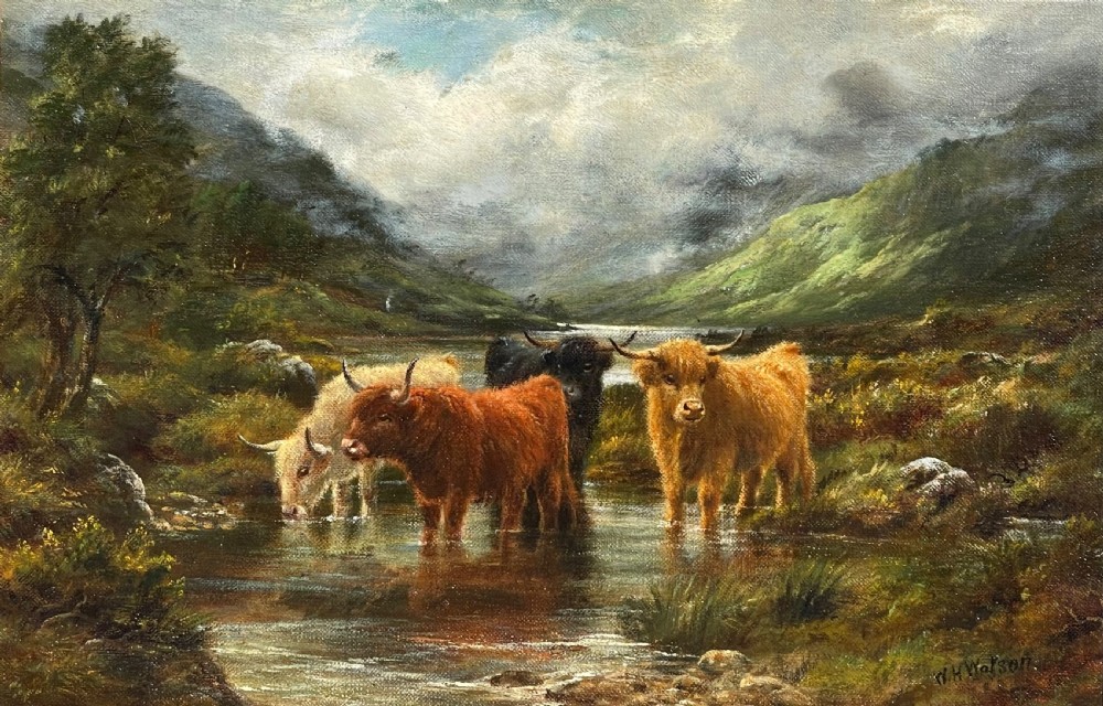 Highland Cattle Landscape Oil Painting by William H Watson