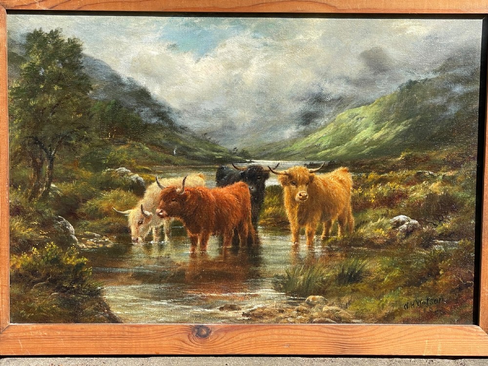 Highland Cattle Landscape Oil Painting by William H Watson View II