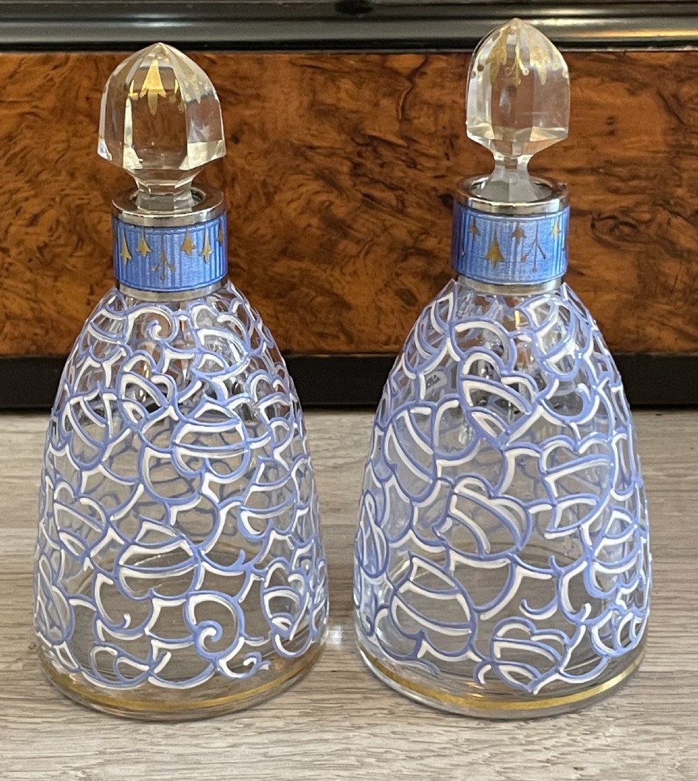 Rare Pair of George V Silver & Enamel Scent Perfume Bottles