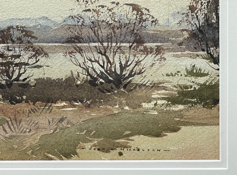 A framed horizontal watercolour painting depicting a rural cottage and marshland landscape under a soft grey sky. View II