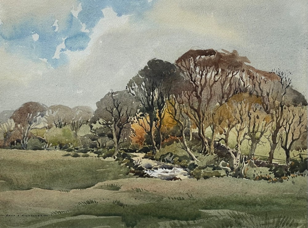 A framed original watercolour painting depicting a river flowing through a field surrounded by bare trees under a cloudy sky. View II