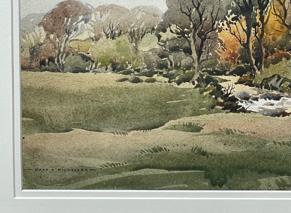 A framed original watercolour painting depicting a river flowing through a field surrounded by bare trees under a cloudy sky. View III