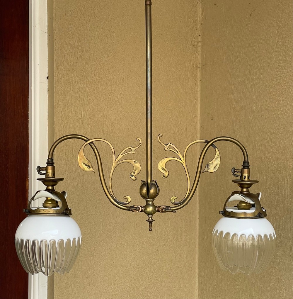 Quality Art Nouveau Brass Hanging Gas Light Chandelier, converted 