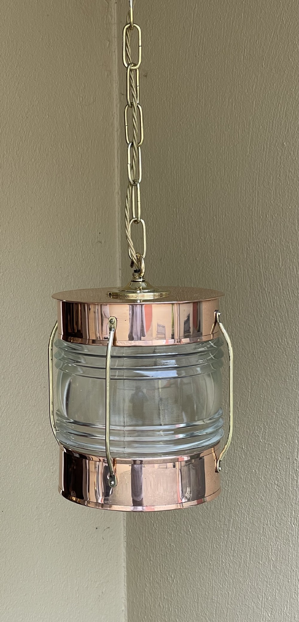 1930s Copper & Glass Ships Lantern Pendant Light